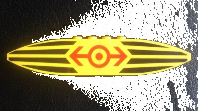 LEGO onderdeel Stickered Assembly 12 x 1 x 2 with Red Train Logo and 4 Black Horizontal Stripes Pattern (Sticker) - Set 4513 - 2 Slope, Curved 6 x 1, 2 Slope, Curved 6 x 1 Inverted (ba112pb01)