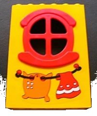 LEGO part Fabuland Building Wall 2 x 6 x 7 with Round Symmetric Red Window with Clothesline Pattern on front (Sticker) - Set 3678 x635c01pb05