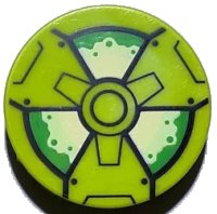 LEGO part Tile, Round 2 x 2 with Bottom Stud Holder with Black, Green and Yellowish Green Radioactivity Warning Pattern 14769pb580