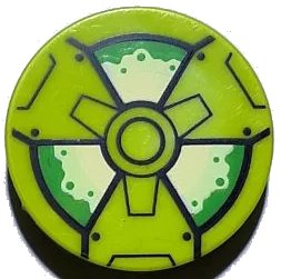 LEGO onderdeel Tile, Round 2 x 2 with Bottom Stud Holder with Black, Green and Yellowish Green Radioactivity Warning Pattern (14769pb580)