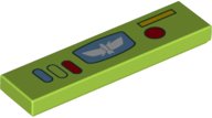 LEGO part Tile 1 x 4 with Control Panel with Buttons, Star Command Logo, Red Dot and Yellow Rectangle Pattern 2431pb0781