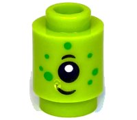 LEGO part Brick, Round 1 x 1 with Alien Face with Black Eyebrow, Eye, Grin, and Bright Green Spots Pattern 3062pb083