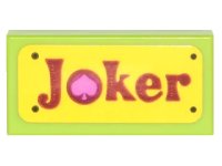 LEGO onderdeel Tile 1 x 2 with Red 'Joker' with Dark Pink Spade on Yellow Background Pattern (Sticker) - Set 70906 3069pb0559