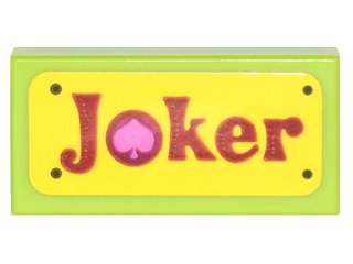 LEGO onderdeel Tile 1 x 2 with Red 'Joker' with Dark Pink Spade on Yellow Background Pattern (Sticker) - Set 70906 (3069pb0559)
