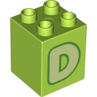 LEGO part Duplo, Brick 2 x 2 x 2 with Yellowish Green Capital Letter D with Green Outline Pattern 31110pb147