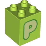 LEGO onderdeel Duplo, Brick 2 x 2 x 2 with Yellowish Green Capital Letter P with Green Outline Pattern (31110pb158)