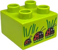 LEGO part Duplo, Brick 2 x 2 with 3 Black and Red Ladybugs and Green Grass Blades Pattern 3437pb139