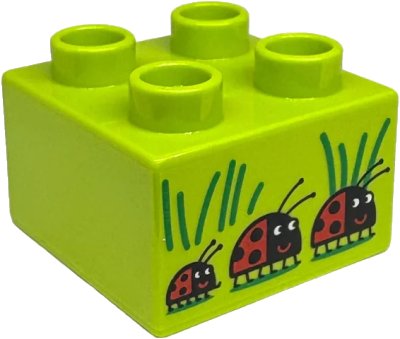 LEGO onderdeel Duplo, Brick 2 x 2 with 3 Black and Red Ladybugs and Green Grass Blades Pattern (3437pb139)
