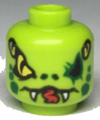 LEGO part Minifigure, Head Alien with Yellow Snake Eyes and Mouth with Fangs, Dark Green Scales on Cheeks Pattern - Hollow Stud 3626pb2297