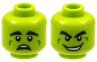 LEGO part Minifigure, Head Dual Sided Alien, Thick Black Eyebrows, Green Cheek Dimples, Scared / Wide Grin with Teeth Pattern - Hollow Stud 3626pb2976