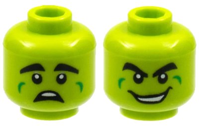 LEGO onderdeel Minifigure, Head Dual Sided Alien, Thick Black Eyebrows, Green Cheek Dimples, Scared / Wide Grin with Teeth Pattern - Hollow Stud (3626pb2976)