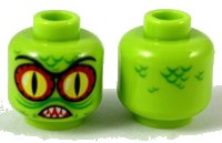 LEGO part Minifigure, Head Alien with Swamp Creature with Red and Yellow Eyes with Black Outline, Pointed Teeth and Scales Pattern - Hollow Stud 3626pb3325