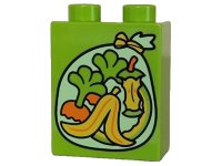 LEGO part Duplo, Brick 1 x 2 x 2 with Yellowish Green Garbage Bag with Fruit and Vegetable Organic Waste, Banana Peel, Apple Core, Melon Rind, Carrot Stems Patt 4066pb796