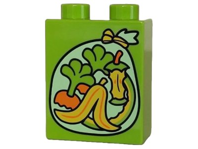 LEGO onderdeel Duplo, Brick 1 x 2 x 2 with Yellowish Green Garbage Bag with Fruit and Vegetable Organic Waste, Banana Peel, Apple Core, Melon Rind, Carrot Stems Patt (4066pb796)