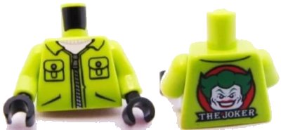 LEGO onderdeel Torso Batman Jacket with Pockets and Zipper, Joker Head on Red Circle and 'THE JOKER' on Back Pattern / Lime Arms / Black Hands (973pb1005c01)