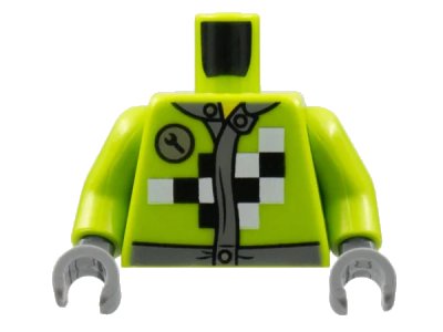 LEGO onderdeel Torso Mechanic Racing Jacket with Wrench and Black and White Checkered Pattern / Lime Arms / Dark Bluish Gray Hands (973pb1384c01)