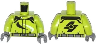 LEGO onderdeel Torso Racing Suit with Dark Bluish Gray Belt and Black and White Swirls Pattern / Lime Arms / Dark Bluish Gray Hands (973pb1613c01)