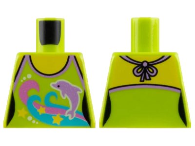 LEGO onderdeel Torso Female Halter Top with Stars, Dark Pink and Medium Azure Waves, Medium Lavender Dolphin, and White Dots, Yellow Neck and Shoulders Pattern (973pb1890)