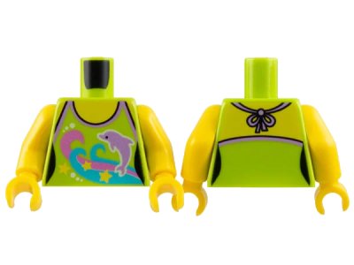 LEGO onderdeel Torso Female Halter Top with Stars, Dark Pink and Medium Azure Waves, Medium Lavender Dolphin, and White Dots, Yellow Neck and Shoulders Pattern / Yellow Arms / Yellow Hands (973pb1890c01)