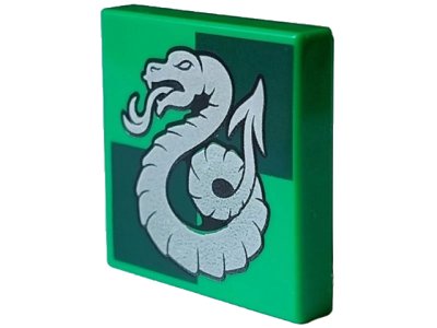 LEGO part Tile 2 x 2 with Silver Slytherin Crest on Dark Green Squares Pattern (3068pb2358)