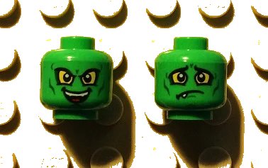 LEGO onderdeel Minifigure, Head Dual Sided Alien with Yellow Eyes, Wicked Smile / Downturned Mouth with 1 Fang Pattern (Green Goblin) (3626pb1448)