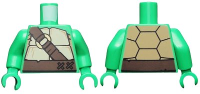 LEGO onderdeel Torso Tan and Dark Tan Turtle Shell, Dark Brown Belt and Strap with Gold Ring Pattern / Bright Green Arms / Bright Green Hands (973pb1369c01)