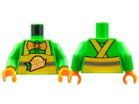 LEGO onderdeel Torso Button Up Shirt, Orange Bow Tie with Polka Dots, Yellow Apron with 'ViTA RUSH' Logo, Silver Stripe Pattern / Bright Green Arms / Orange Hands 973pb4453c01
