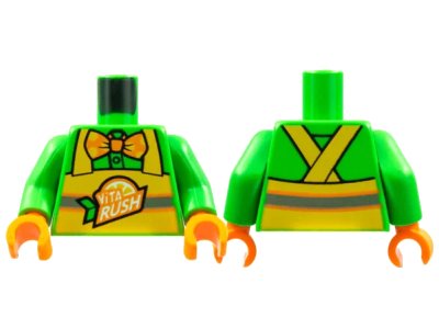 LEGO onderdeel Torso Button Up Shirt, Orange Bow Tie with Polka Dots, Yellow Apron with 'ViTA RUSH' Logo, Silver Stripe Pattern / Bright Green Arms / Orange Hands (973pb4453c01)