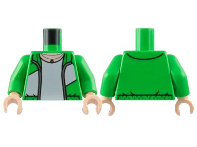 LEGO onderdeel Torso Open Jacket with White Wide Diagonal Stripe, Silver Zipper, T-Shirt, Light Nougat Neck Pattern / Bright Green Arms / Light Nougat Hands (973pb5175c01)
