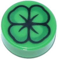 LEGO part Tile, Round 1 x 1 with Green and Black Four-Leaf Clover Pattern 98138pb441