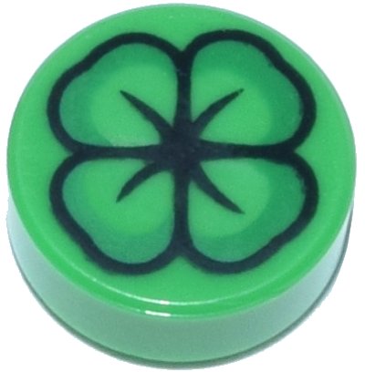 LEGO onderdeel Tile, Round 1 x 1 with Green and Black Four-Leaf Clover Pattern (98138pb441)