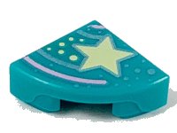 LEGO part Tile, Round 1 x 1 Quarter with Bright Light Yellow Star and Spots, Bright Pink and Metallic Light Blue Lines Pattern 25269pb007