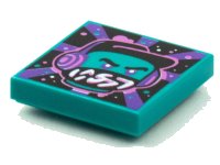LEGO onderdeel Tile 2 x 2 with BeatBit Album Cover - Dark Turquoise Minifigure, Black Hat and Dark Purple Headphones Pattern 3068pb1586