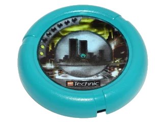 LEGO onderdeel Throwing Disk with Throwbot Turbo / Slizer City 2 Pips, LEGO Technic Logo, and City Skyline Emblem Pattern (32171pb019)