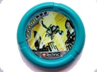 LEGO part Throwing Disk with Throwbot Turbo / Slizer City 5 Pips, LEGO Technic Logo, and Robot Jumping in City Pattern 32171pb022
