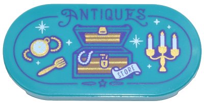 LEGO part Tile, Round 2 x 4 Oval with Gold Treasure Chest, Watch, Fork, and Candelabra, White Sparkles and 'STORE' Banner and Dark Purple 'ANTIQUES' Pattern (66857pb056)