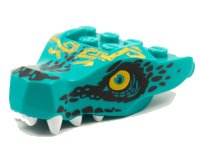 LEGO part Dragon Head (Ninjago) Jaw with 2 Bar Handles on Back with Bright Light Orange Eyes, Gold Tribal Tattoos, Black Scales, and White Teeth Pattern 72362pb01