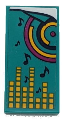 LEGO part Tile 2 x 4 with Dark Turquoise Blanket with Dark Blue Musical Notes, Circles, Magenta Dot and Yellow Equalizer Bars Pattern (Sticker) - Set 41341 87079pb0963