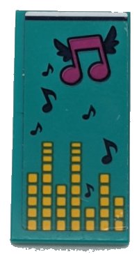 LEGO part Tile 2 x 4 with Dark Turquoise Blanket with Dark Blue and Magenta Musical Notes and Yellow Equalizer Bars Pattern (Sticker) - Set 41341 87079pb0964