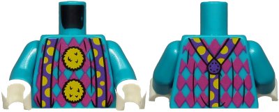 LEGO onderdeel Torso Magenta Argyle Sweater, 2 Yellow Pom Poms and Dark Purple Suspenders with Yellow Semicircles Pattern / Dark Turquoise Arms / White Hands (973pb3847c01)