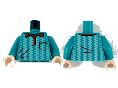 LEGO onderdeel Torso Polo, Reddish Brown Collar, Left Side Pocket and Ornate White Vertical Stripes Pattern / Dark Turquoise Arms / Light Nougat Hands (973pb3984c01)