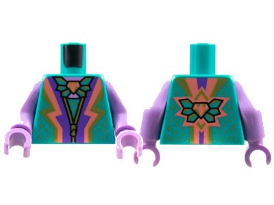 LEGO onderdeel Torso Jewel Brooch, Gold Zipper and Sparkles, Coral and Dark Purple Lightning Stripes Pattern / Medium Lavender Arms / Medium Lavender Hands (973pb4306c01)