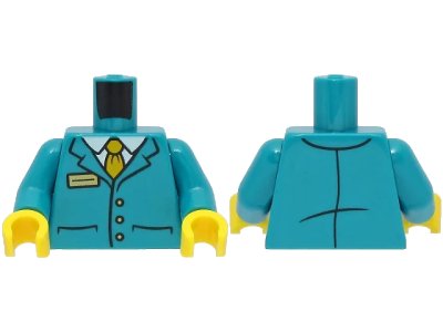 LEGO onderdeel Torso Suit Jacket with 3 Buttons and Pockets over White Shirt, Bright Light Orange Tie, Gold Badge Pattern / Dark Turquoise Arms / Yellow Hands (973pb4785c01)