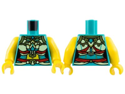 LEGO onderdeel Torso Female Top, Yellowish Green Ornate Costume, Red Ribbons, Gold Trim, Yellow Midriff Pattern / Yellow Arms / Yellow Hands (973pb5018c01)