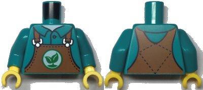 LEGO onderdeel Torso Dark Orange Overalls with Green Sprout with 2 Leaves on White Circle Pattern / Dark Turquoise Arms / Yellow Hands (973pb5038c01)