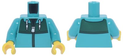 LEGO onderdeel Torso Jacket with White Zipper, Drawstrings, Dark Green Panel and Trim over Black Shirt Pattern / Dark Turquoise Arms / Yellow Hands (973pb5665c01)