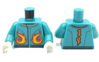 LEGO part Torso Jacket with Black Stitching, Yellow, Orange and Red Flames, Number 1 on Back Pattern (BAM) / Dark Turquoise Arms / White Hands 973pb6576c01