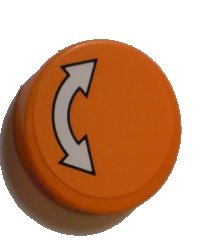 LEGO part Tile, Round 2 x 2 with Bottom Stud Holder with White Curved Arrow Double with Black Outline on Orange Background Pattern (Sticker) - Set 60062 14769pb312