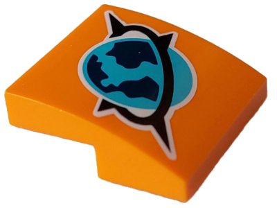 LEGO onderdeel Slope, Curved 2 x 2 x 2/3 with Medium Azure, Dark Blue and Black Arctic Explorer Logo with White Outline Pattern (15068pb487)