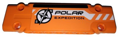 LEGO onderdeel Technic, Panel Plate 3 x 11 x 1 with Black and White Stripes Partially Dotted, 'POLAR EXPEDITION' and Compass Logo on Orange Background Pattern Model Left Side (Sticker) - Set 42038 (15458pb017L)